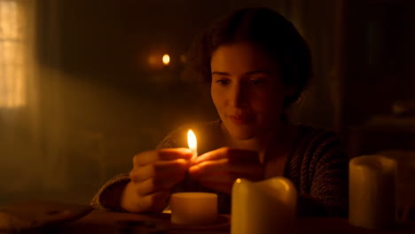 a woman tends to candles in a dimly lit room