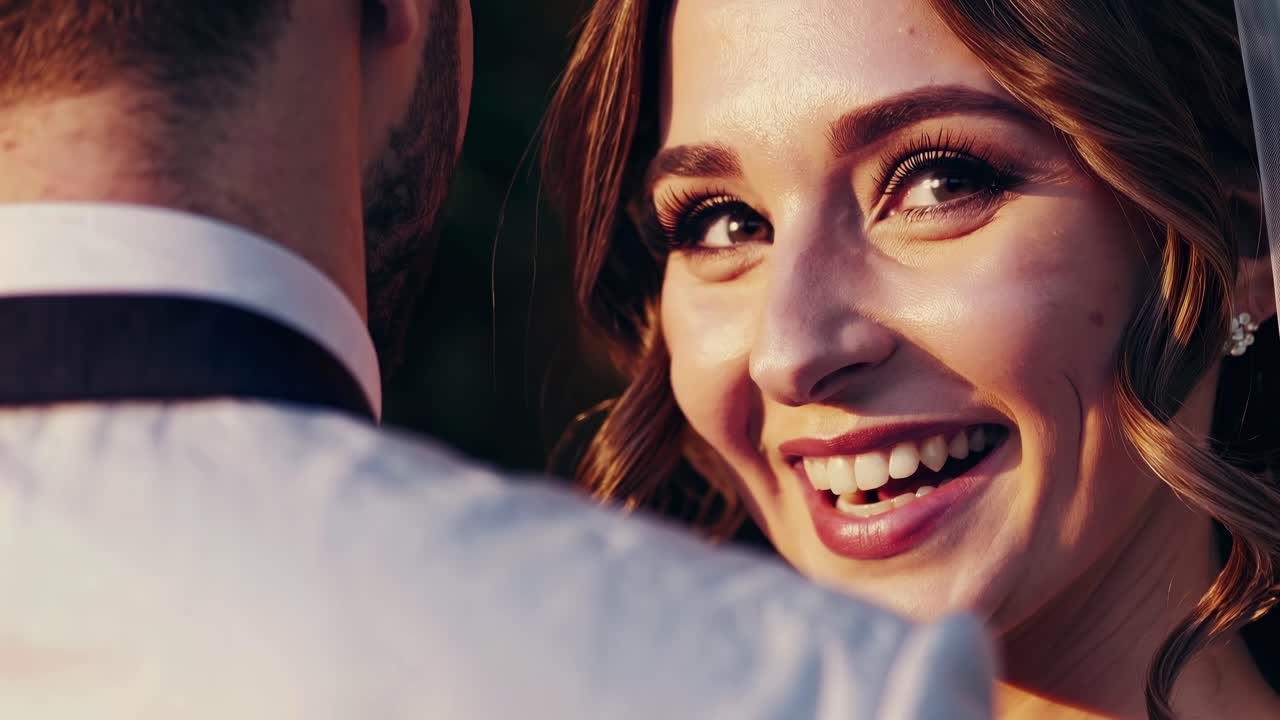 Close-up angle captures a bride's joyful expression, highlighting her radiant smile and veil