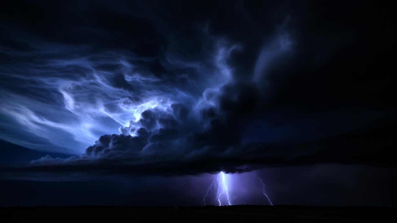 Potenti fulmini che si sprigionano da nuvole temporalesche scure e vorticose