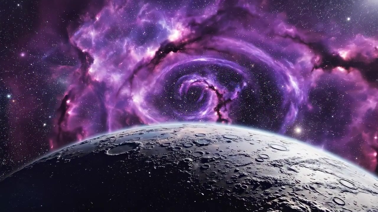 Riesiger violetter Nebel und Sterne über einer kraterübersäten Planetenoberfläche