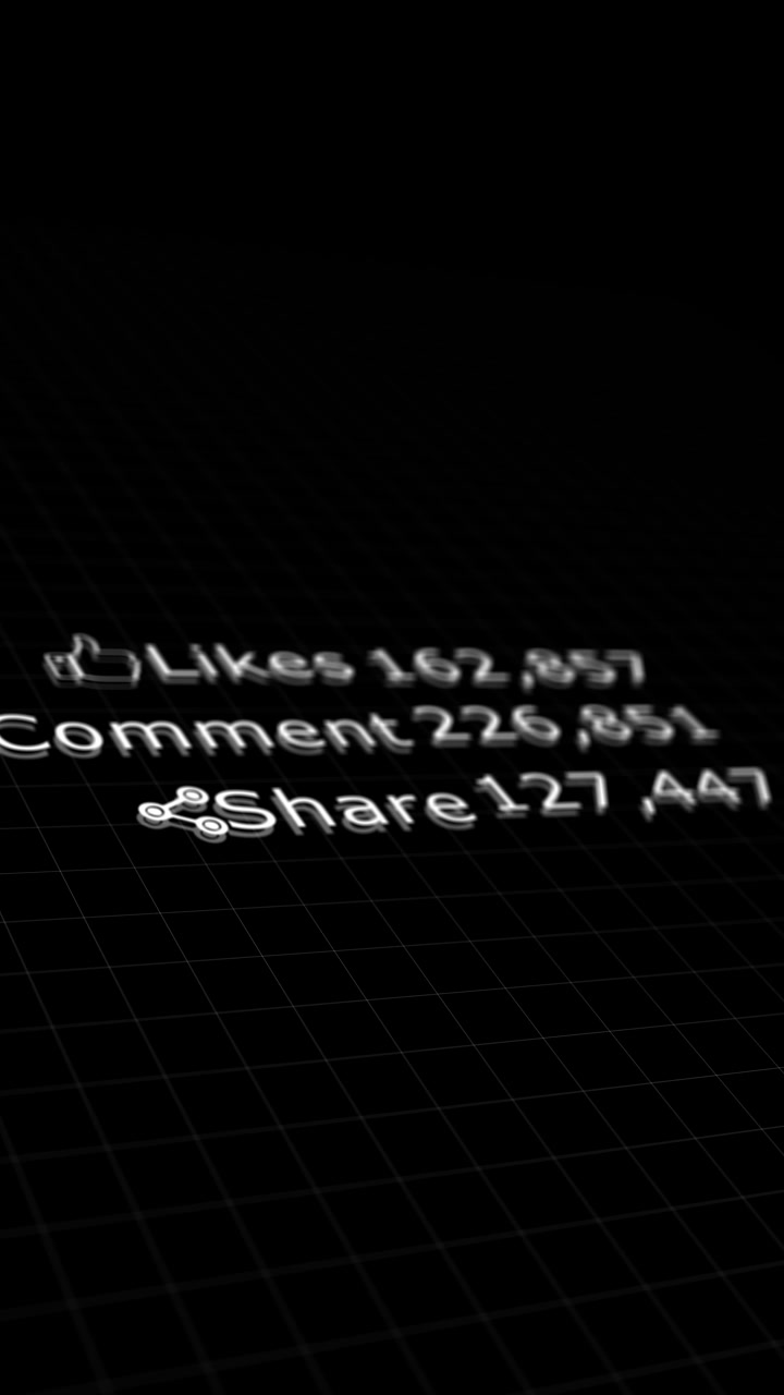 Dark app comment share metrics overlay glowing icons blurred like count social grid clean technology