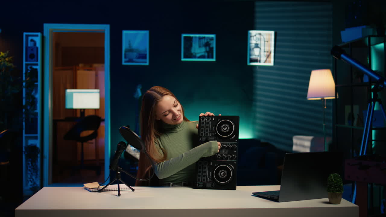 una chica alegre mezclando en los tocadiscos de dj, haciendo tutoriales de producción musical