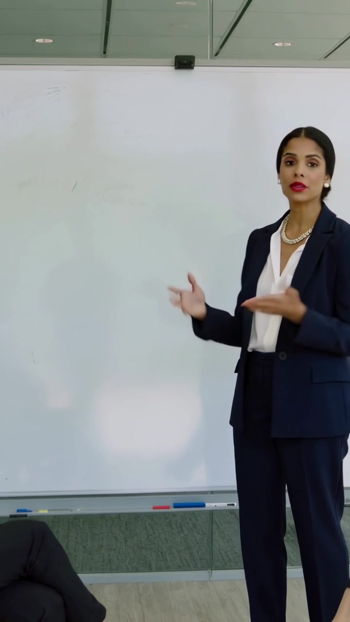 Vertical video: Presenting to team speaker in navy suit pointing at whiteboard markers, copy space