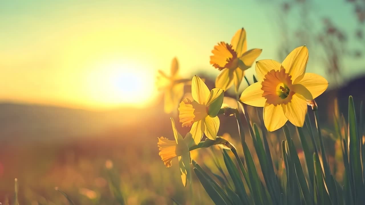 Close-up video shot of daffodils at sunrise, capturing the warm glow and serene beauty of nature