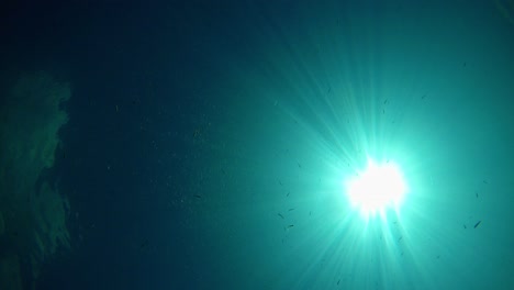 toma de sol desde el fondo de un lago con agua azul clara y transparente