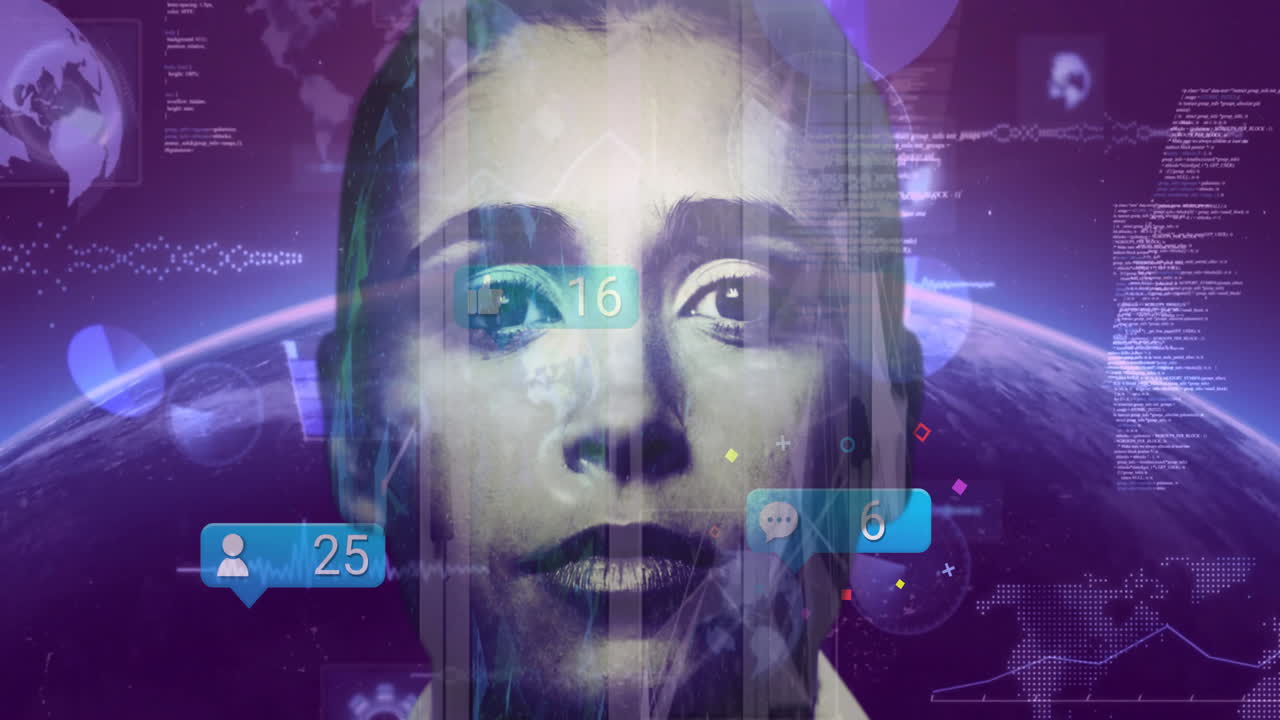 Animation overlaying woman's face with digital interface and global network background