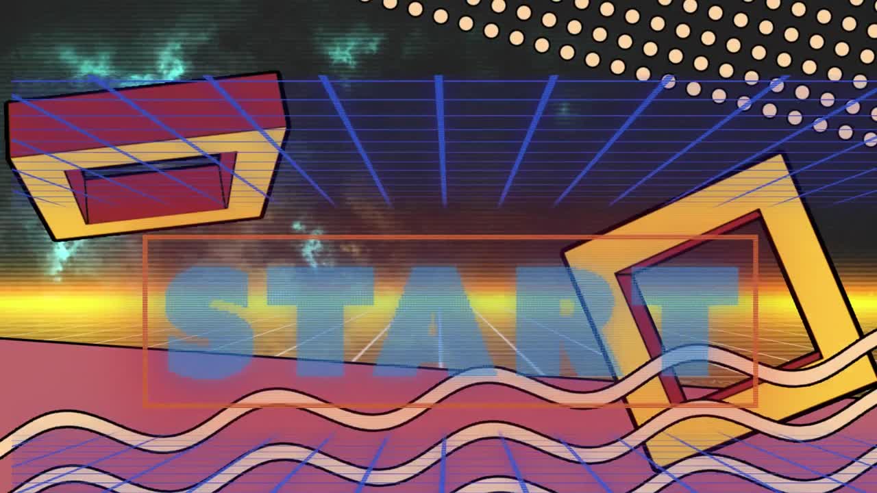 디지털 추상 공간에서 사각형과 파동으로 시작하는 애니메이션