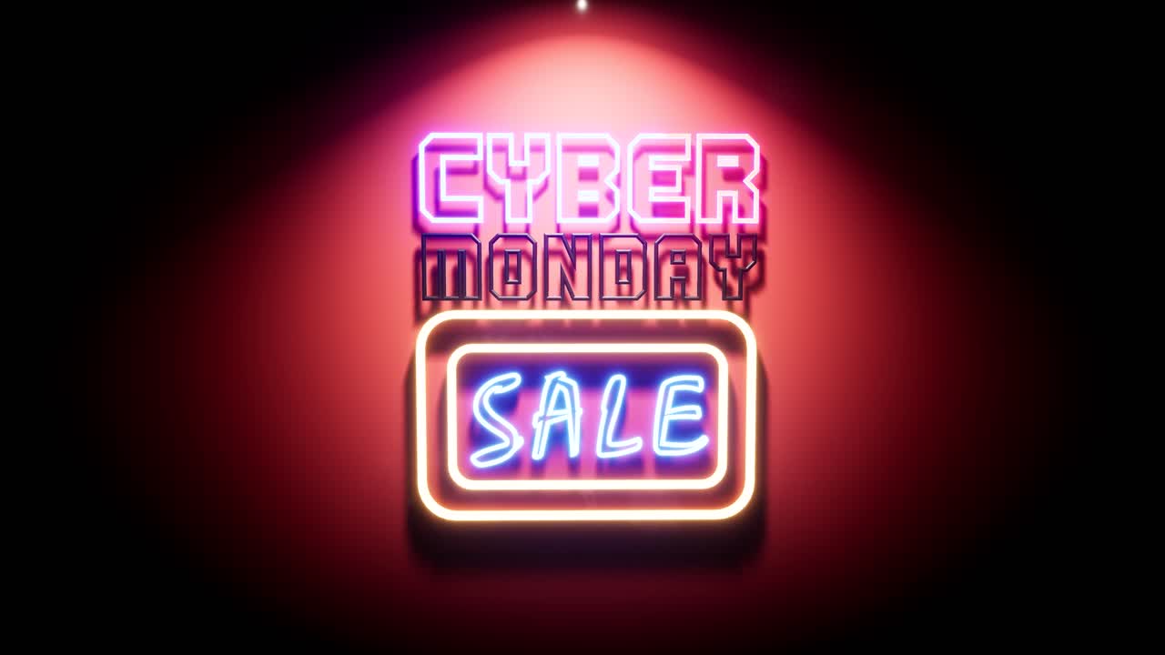 Cyber Monday sale neon sign on a glossy red wall with reflections, colorful neon lights changing colors and blinking, 3D animation camera zooming in