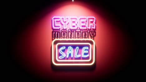 cyber monday sale neon sign on a glossy red wall with reflections, colorful neon lights changing colors and blinking, 3d animation camera zooming in