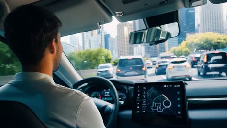 man driving car in city traffic