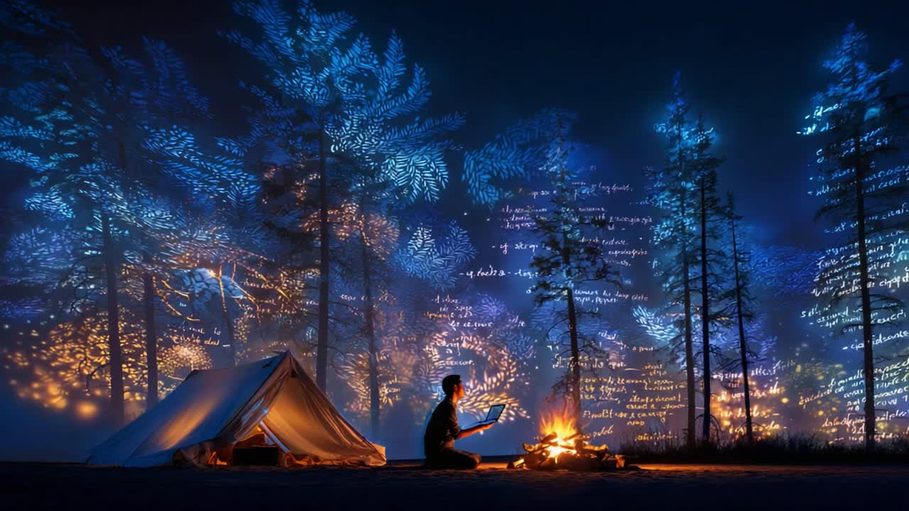 A tranquil night camping scene illuminated by a crackling campfire, where shadows of trees dance against a beautiful backdrop of ethereal glowing patterns and illuminated texts