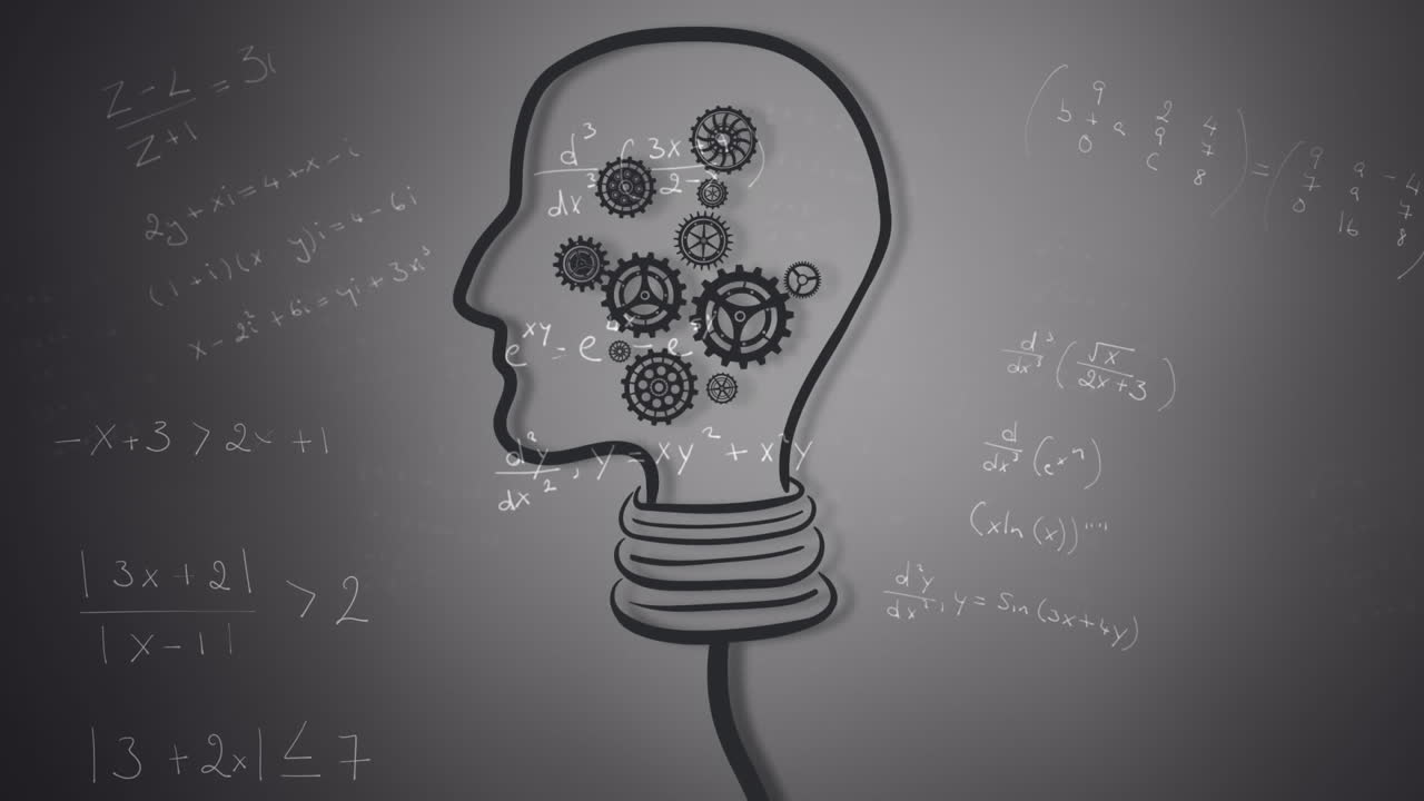 Animation of light bulb with human head and cogs over mathematical equations