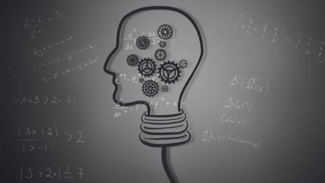 animation of light bulb with human head and cogs over mathematical equations