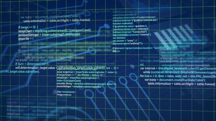 Digital Programming Code and Data Visualization on Dark Background