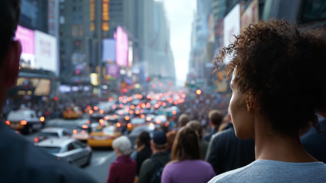 Um Momento de Reflexão em Meio às Ruas Agitadas: Observando a Energia Dinâmica de uma Cidade em Movimento com uma Multidão Diversificada e o Fluxo de Trânsito