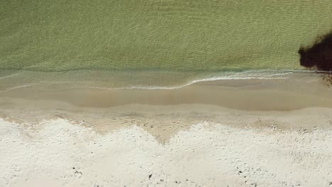 Empty-beach-with-calm-waves-and-crystal-clear-water,-drone-top-down