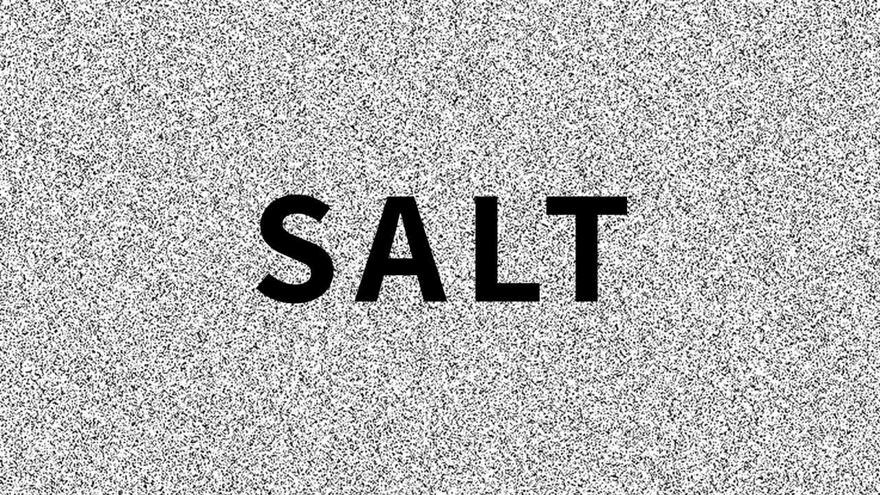 Salt. Ord om madproblem på støjende gammel skærm. Loopende VHS-interferens. Vintage animeret baggrund, videomateriale.
