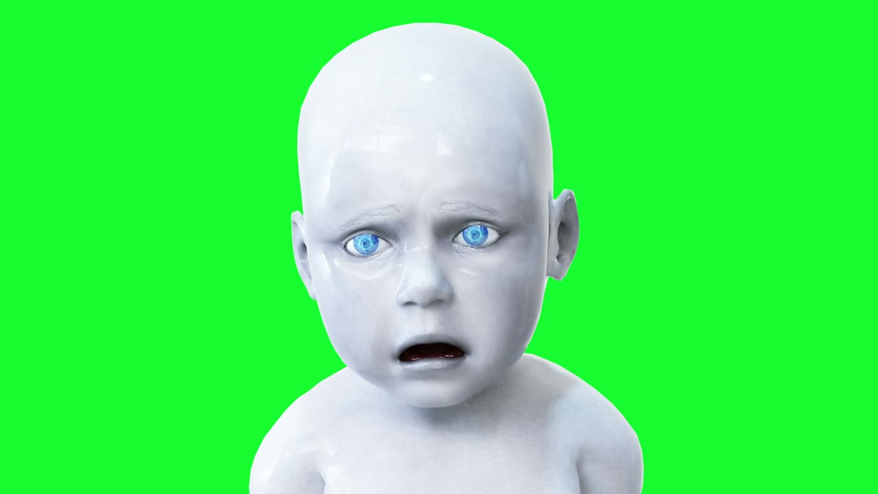 Sad speaking robot baby, children. Green screen realistic animation.