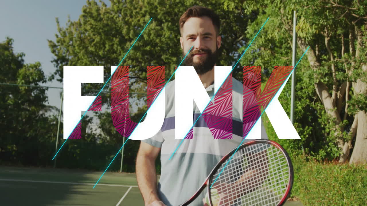 Man playing tennis on outdoor court, health graphics animating heart rate chart overlay