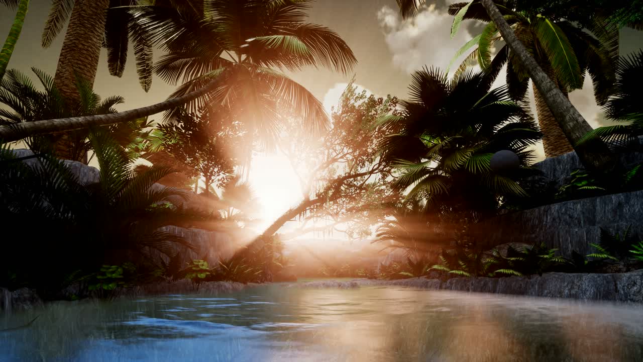 los rayos del atardecer a través de las palmeras