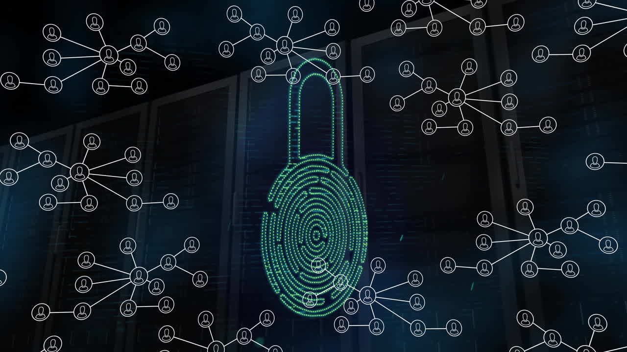 animación de la red de conexiones con personas iconos y cerrojo biométrico sobre servidores