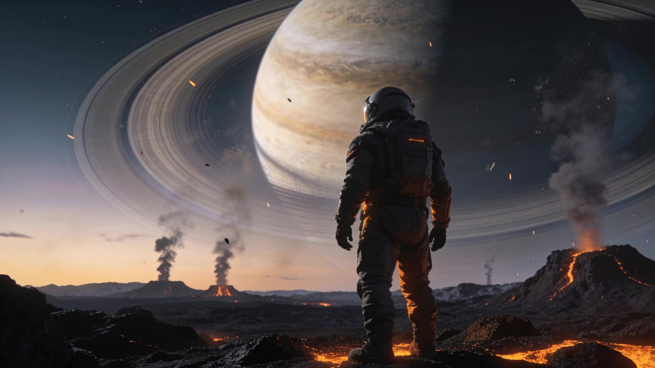 Stående astronaut i rumdragt scanner horisonten under ringet kæmpeplanet, udbrud flytter gløder over sletten