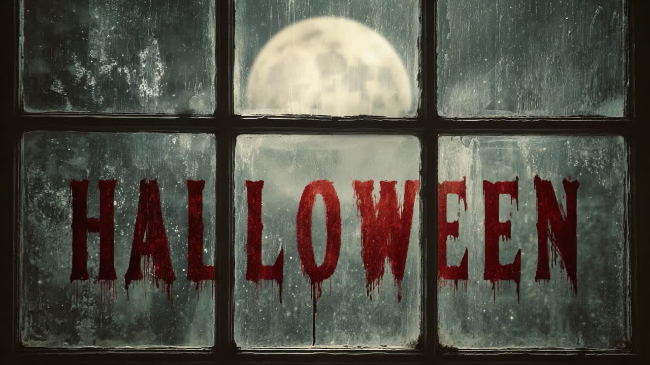 Spooky Halloween message written in dripping blood on a frosted window pane as snow falls outside during a full moon night, creating a scary, cold, and mysterious horror atmosphere