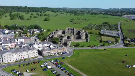 sunny touristic beaumaris castle town aerial view ancient anglesey fortress landmark descending