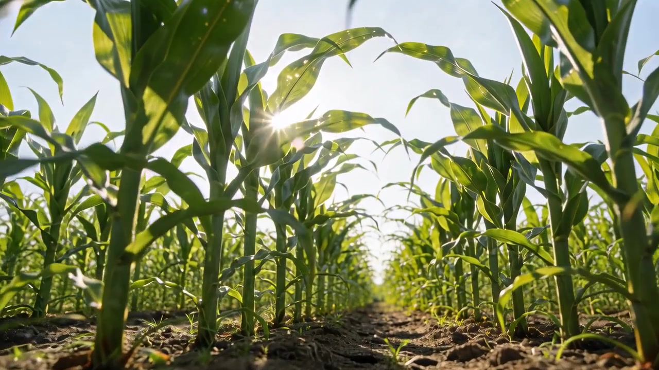 Gliding camera starting low, moving along furrow between corn stalks, revealing sunlit leaves