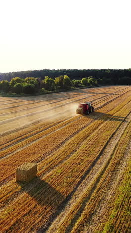 tractor baling dry grass on the field. square bales are coming from tractor after collecting hay. seasonal works on the natural landscape in summer. aerial view. vertical video