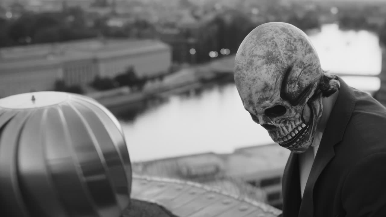 Person in Skull Mask on Rooftop Overlooking City in Black and White