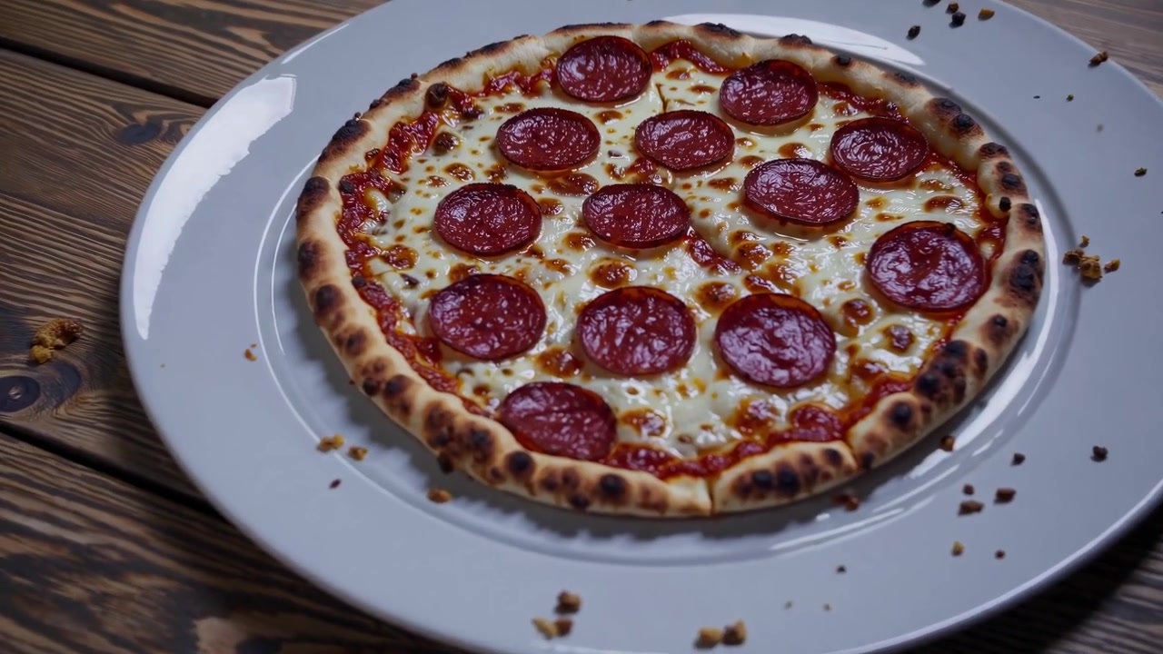 Pizza al salamino piccante appena sfornata su un piatto bianco.