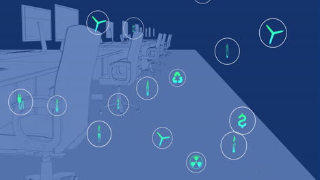 animación de un icono sostenible en círculos sobre un modelo 3d del lugar de trabajo en la oficina