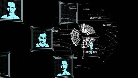 Animación-Del-Procesamiento-De-Datos-Con-Diversos-Retratos-De-Personas-Sobre-El-Mundo-Sobre-Fondo-Negro