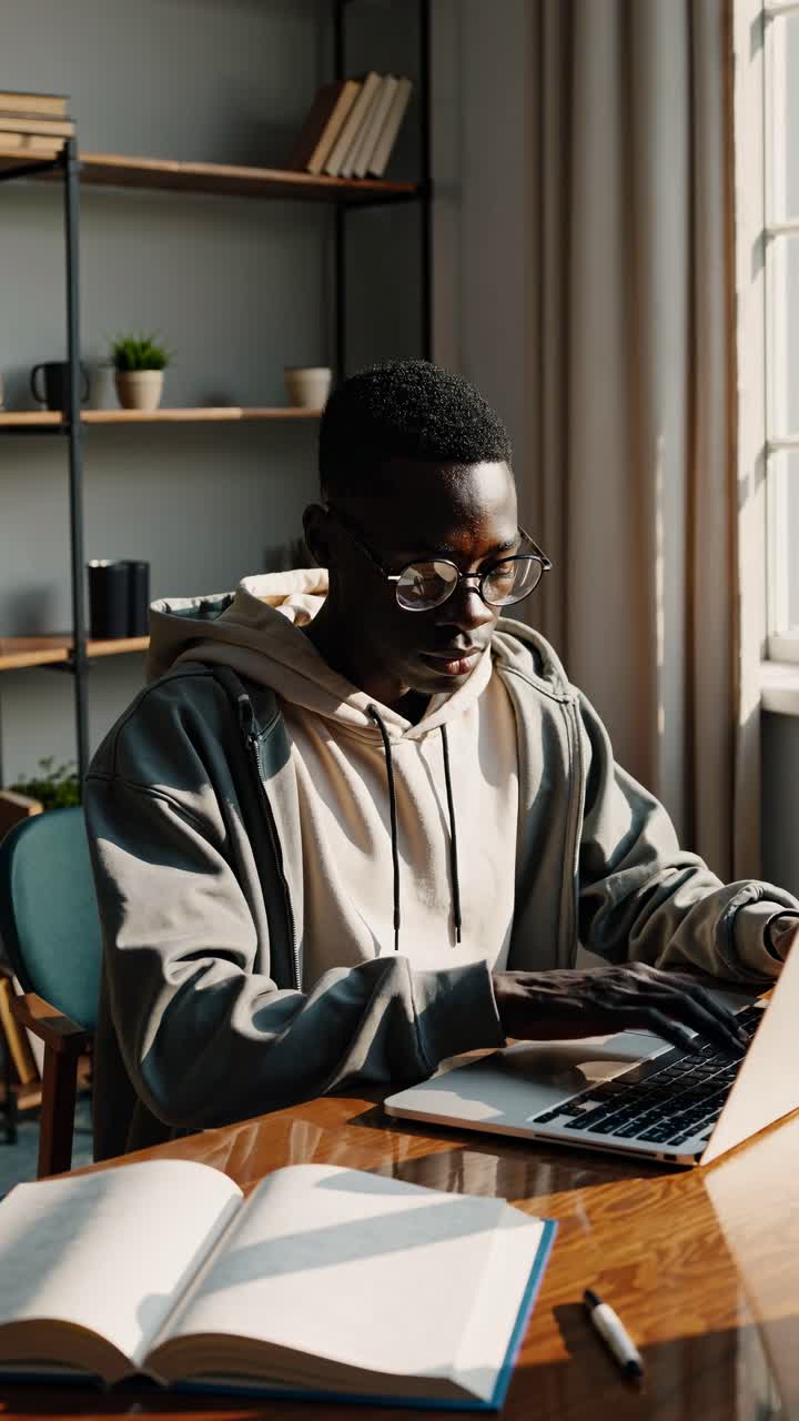 En ung mann med briller jobber på en laptop ved et solfylt skrivebord, sett fra en sidevinkel
