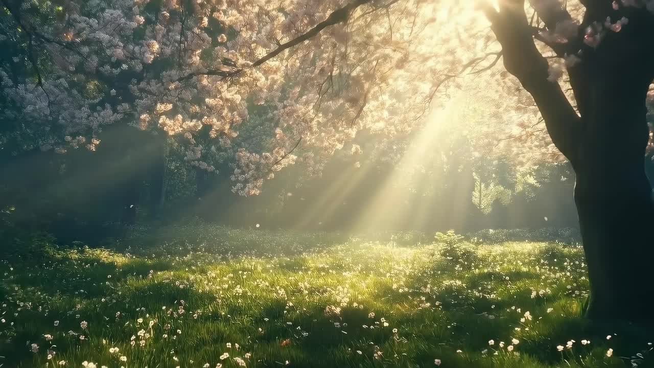 Serene video scene of sunlight through cherry blossoms, captured from a low angle