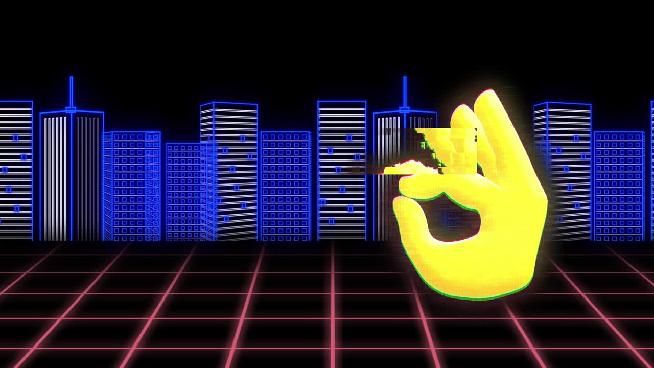 Animation of social media ok sign icon over cityscape