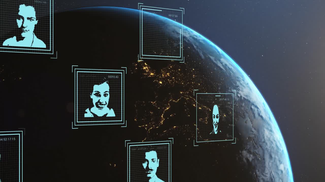 Animaatio biometrisistä valokuvista ja tiedonkäsittelystä maapallon yllä