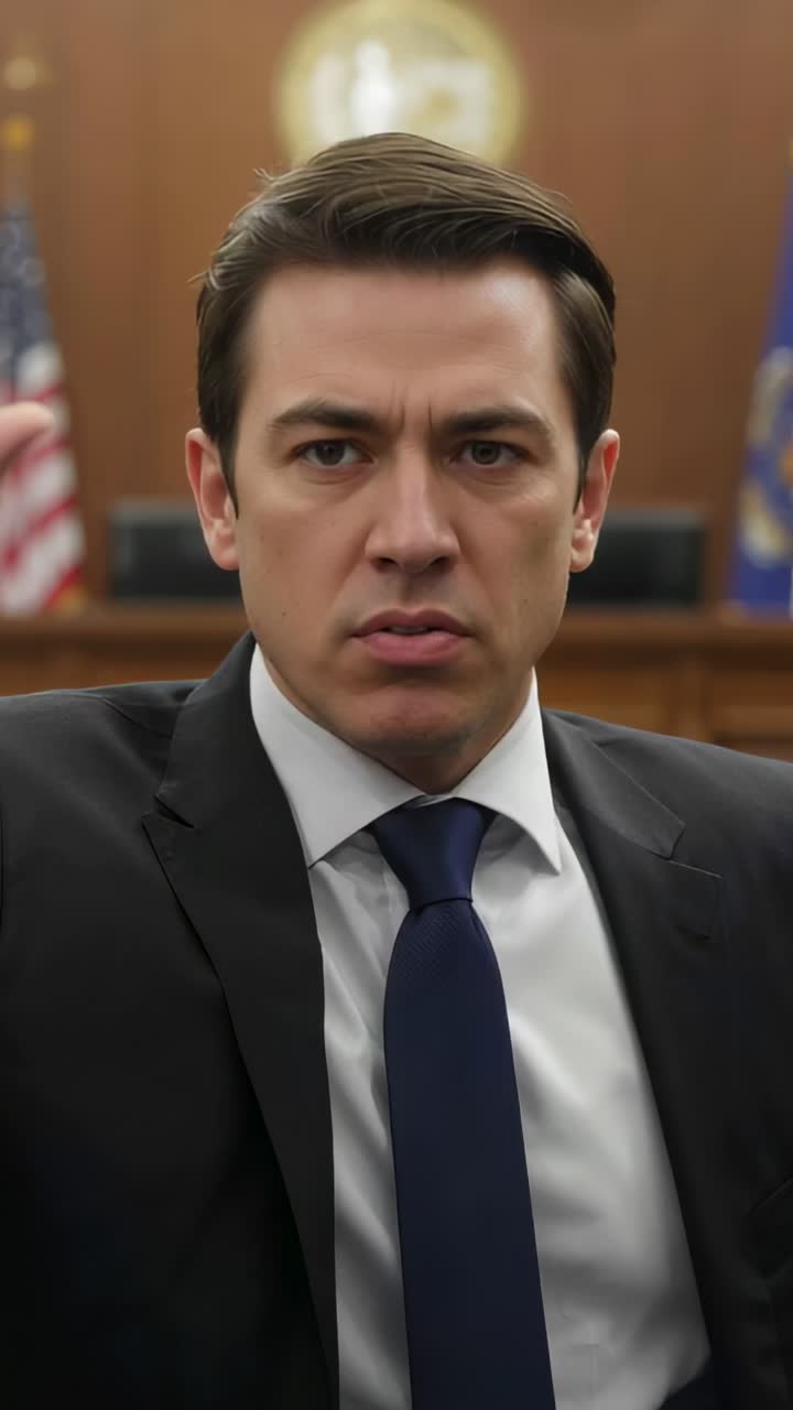 Vertical video: Speaking lawyer in suit, tie addressing court after rising, with bench and flags