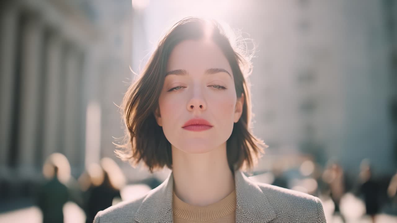 賑やかな都市を背景に陽光を浴びた若い女性の穏やかなポートレート。美しさ、自信、そして都会の生活を際立たせる。