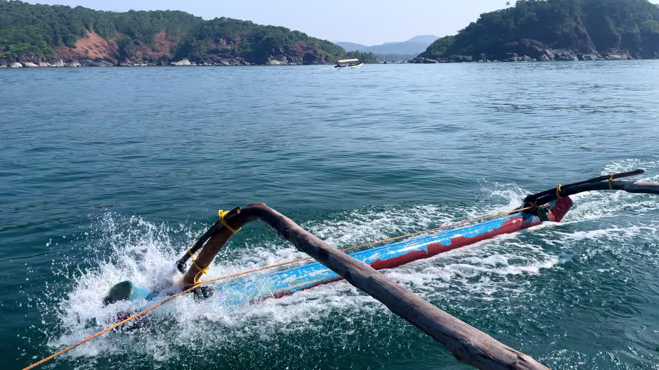 Close up shot of oars of traditional fishing boat at ocean Goa in India 4K