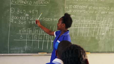 young schoolgirl standing at the blackboard in class 4k