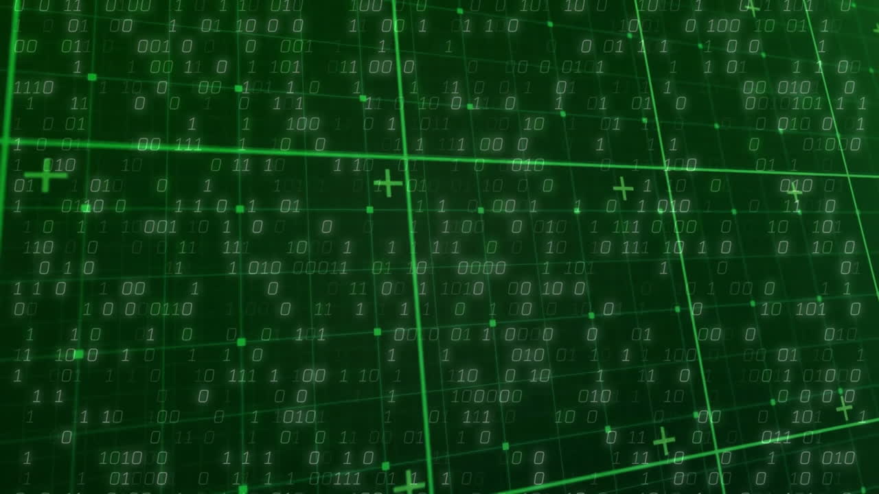 Abstract neon green grid being animated, with glowing binary digits and floating plus symbols