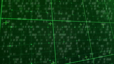 Abstract neon green grid being animated, with glowing binary digits and floating plus symbols