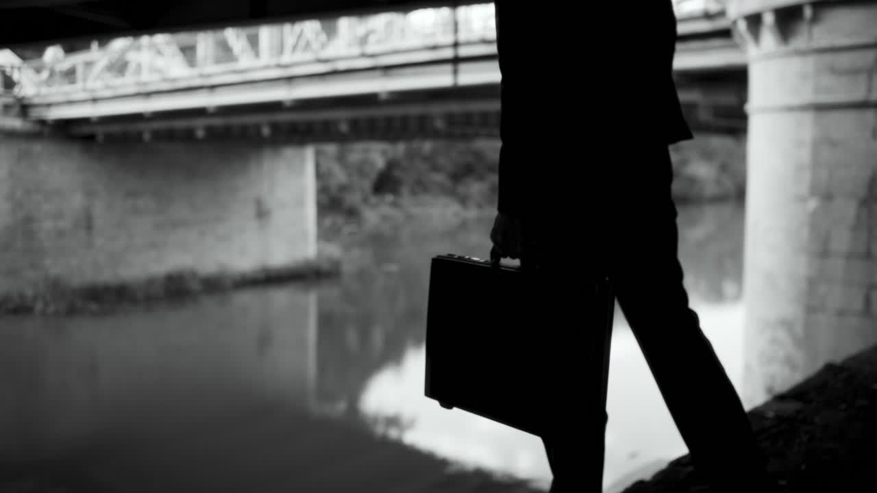 Businessman walking under a bridge