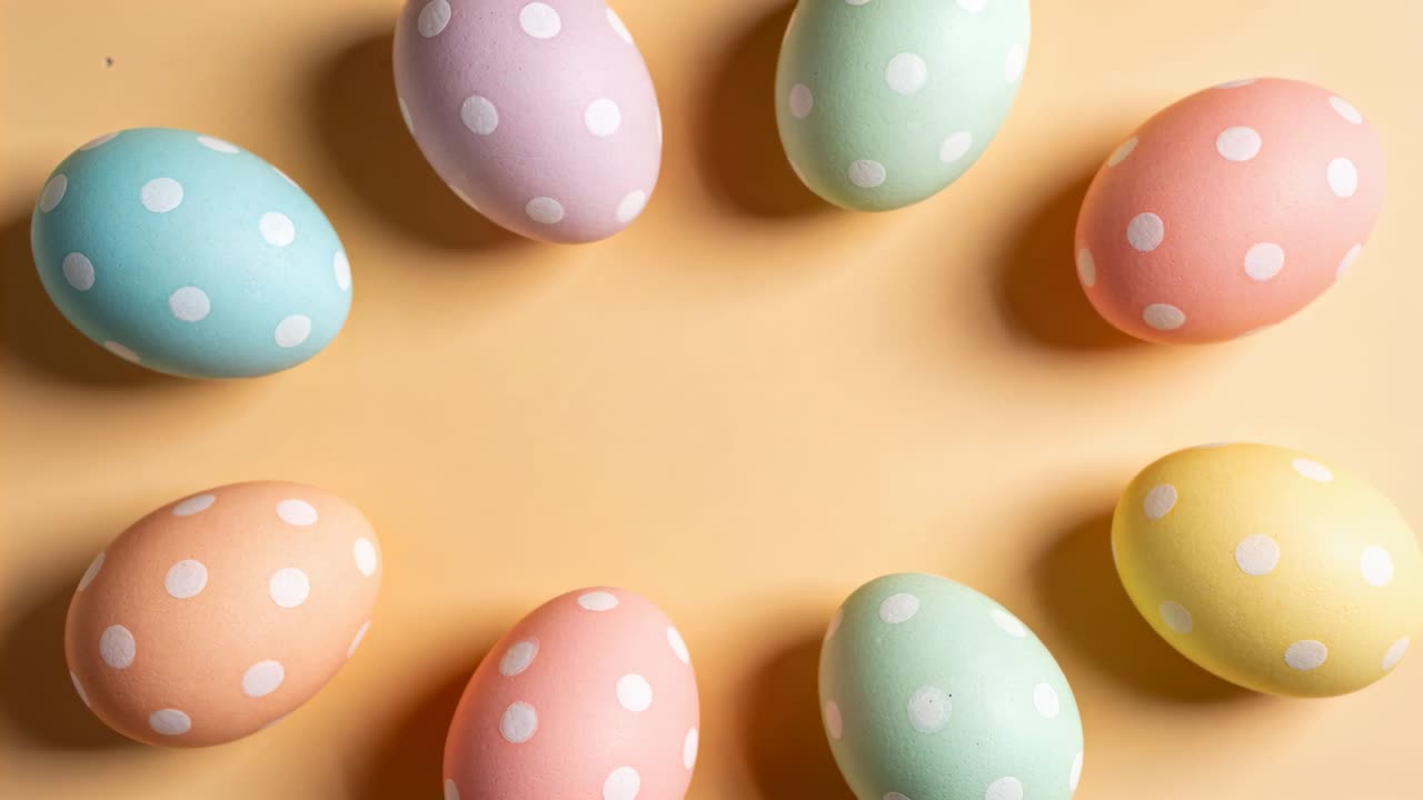 Shifting camera filming polka-dot pastel eggs rotating clockwise on peach tabletop, forming wreath