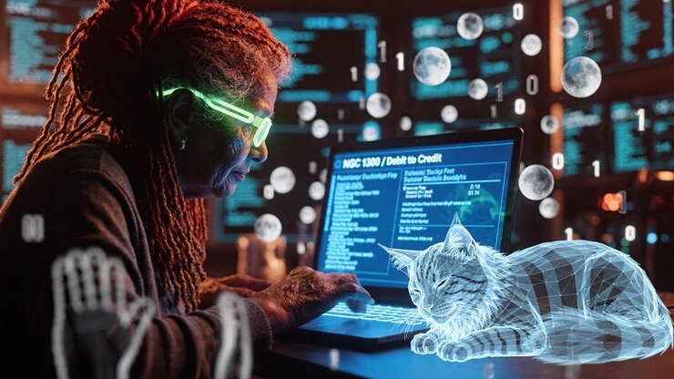An elderly woman, wearing glasses and interfacing with technology, is focused on her laptop while a holographic cat rests beside her amidst digital data.