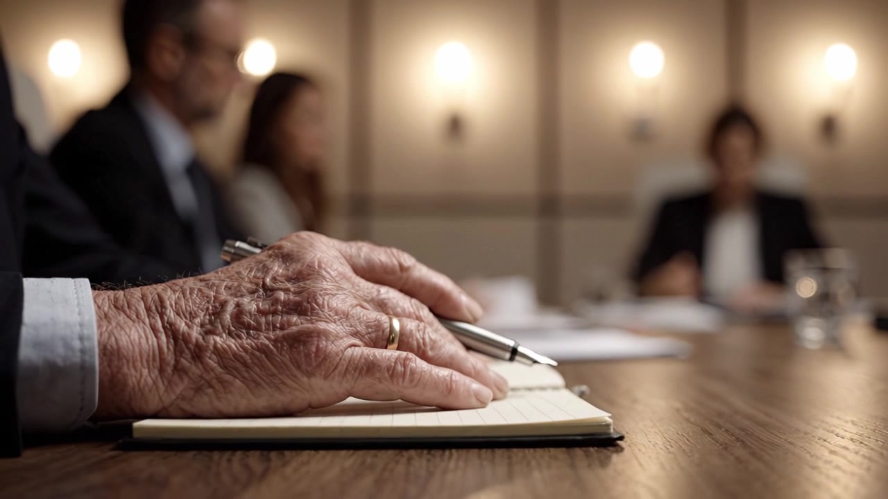 Primo piano di una mano con una penna su un quaderno durante una riunione formale, che evidenzia coinvolgimento e partecipazione in un ambiente professionale.