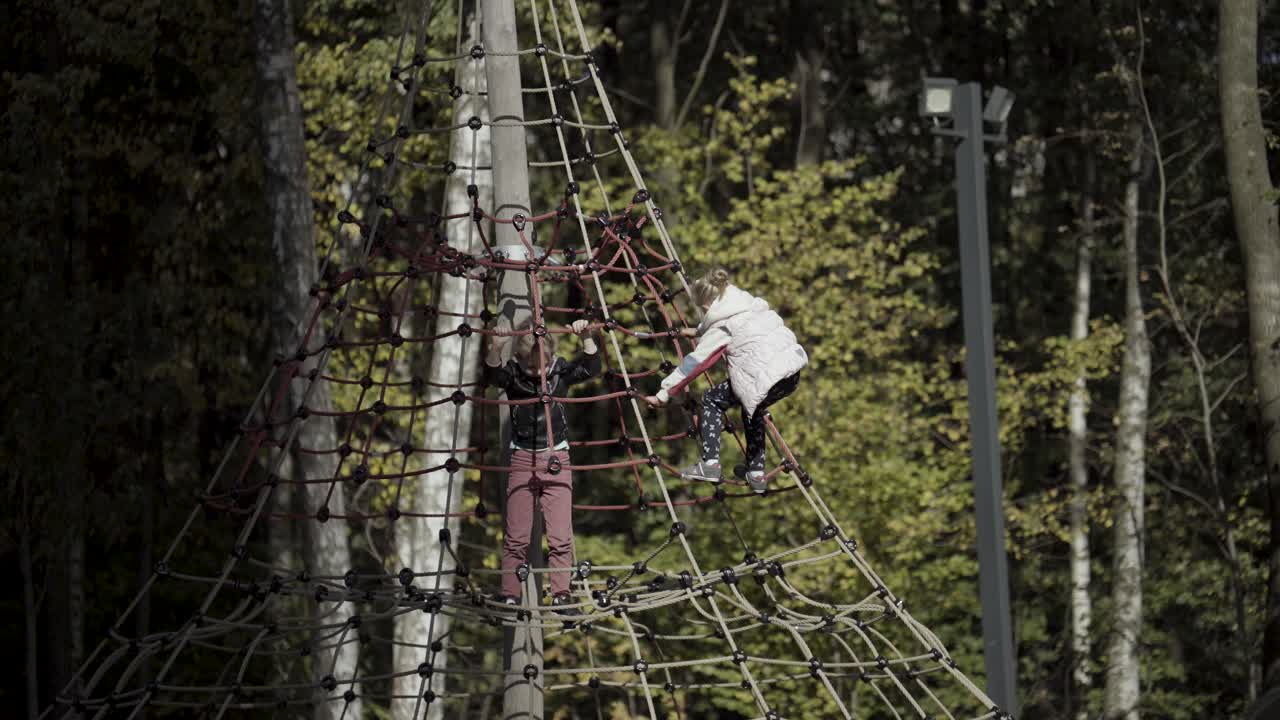niños subiendo a una red de parque infantil
