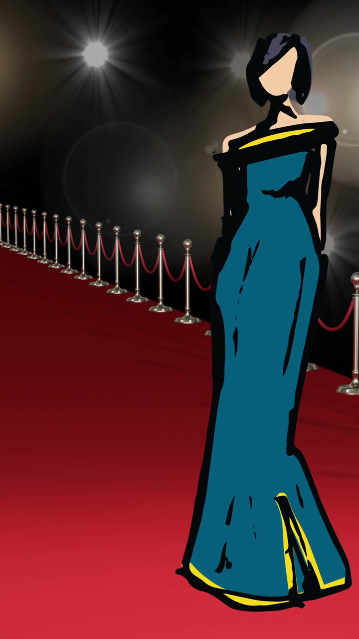 Animation af tegning af model på rød løber til modeshow, på sort baggrund